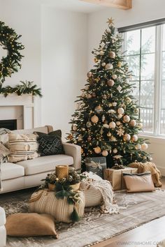 a living room with a christmas tree in the corner and presents on the floor next to it