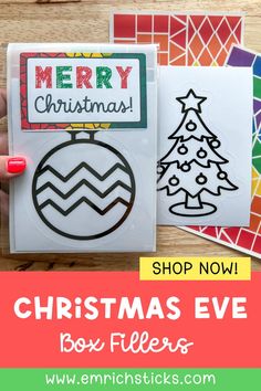 christmas cards with the words merry christmas eve and a hand holding up a sticker