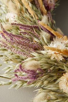 dried flowers are arranged on a white surface