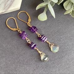 Handmade Gemstone Earrings Made With Genuine Natural Purple Amethyst Flat Square Beads And Wire Wrapped With Labradorite Teardrop Details: * Gemstone: Amethyst & Labradorite. * Metal: 14k Gold Filled (Not Plated) Made To Order In Sterling Silver. * This Style Is Leverback As In Pictures, But It’s Available In Ear Hooks Too. Purple Handmade Jewelry, Purple Long Drop Jewelry For Gift, Purple 14k Gold Filled Jewelry As A Gift, Purple Long Drop Earrings For Gift, Everyday Purple Jewelry With Natural Stones, Everyday Purple Natural Stones Jewelry, Purple 14k Gold Filled Jewelry Gift, Purple Long Drop Jewelry With Ear Wire, Everyday Purple Natural Stone Jewelry