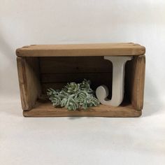 a wooden box with a plant in it and a white letter on the bottom shelf