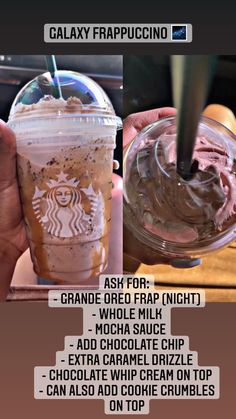 the menu for an iced coffee drink is shown in two different pictures, one with chocolate and