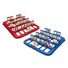 a red and blue tray with pictures on it next to a plastic board game set