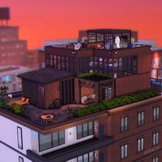 an animated image of a building with lots of windows and balconies on the roof