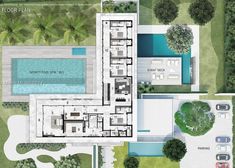 an aerial view of the house and its surrounding swimming pool is shown in this rendering