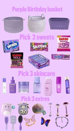 the purple birthday basket is full of items for girls to have in their house, including soaps, toothbrushes, and other personal care products