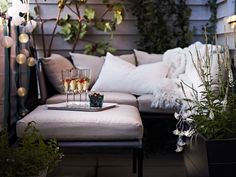 two glasses of champagne sitting on top of a table next to potted plants and lights