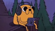 a cartoon bear wearing headphones and holding a cell phone