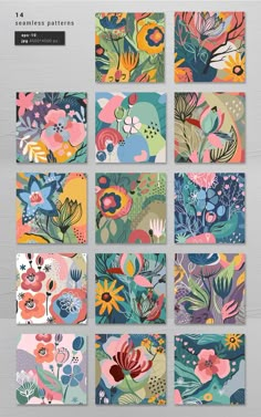 six floral cards with different colors and patterns, each featuring an image of various flowers