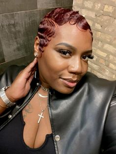 Burgundy Fingerwaves, Finger Wave Faux Bob, Pink Finger Waves For Black Women, Finger Waves And Pin Curls Black Women, Saweetie Finger Waves, Sleek Short Hair, Finger Waves Short Hair, Short Natural Haircuts, Short Relaxed Hairstyles