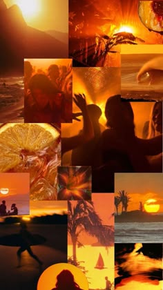 a collage of photos with oranges and people on the beach at sunset or sunrise