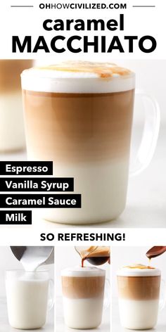 how to make homemade caramel macchato coffee latte recipe with step - by - step instructions