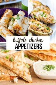 different types of appetizers on plates with text overlay that reads buffalo chicken appetizers