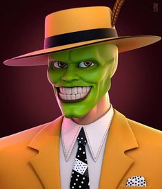 a man in a yellow suit and tie with a green face wearing a top hat