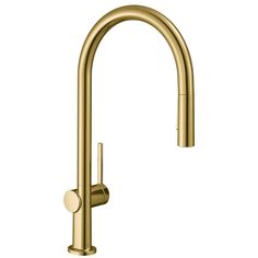 a brass colored kitchen faucet with two handles and nozzles on the side