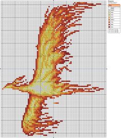 a cross stitch pattern with an orange bird flying through the air and flames coming out of its wings