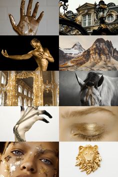 a collage of photos with gold and white colors, including an image of a woman's face