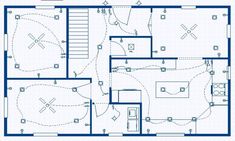 a blueprinted floor plan for a house with two floors and three staircases