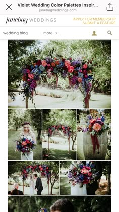 a wedding photo collage with flowers and greenery on the bottom, in different colors