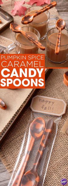 pumpkin spice caramel candy spoons are on display in plastic packaging with the words, pumpkin spice caramel candy spoons