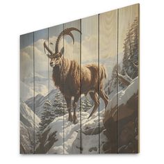 a painting of a mountain goat standing in the snow on a wood paneled wall