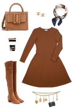 Another closet staple is a sweater dress. A monochromatic look will make for a major fashion moment. #dressyoutfitswinter #dressescasualwinter #fashiondresses #sweaterdressoutfit #flareddressesclassy Fall Mini Knit Sweater Dress, Fall Knit Mini Sweater Dress, Fitted A-line Long Sleeve Dress For Fall, Casual Brown Winter Dress, Chic Brown Knit Sweater Dress, Brown Knit Long Sleeve Sweater Dress, Elegant Fitted Knitted Mini Dress, Knitted Knee-length Sweater Dress For Fall, Winter Workwear Midi Dress, Knee-length