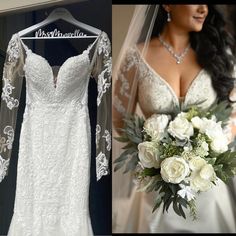 a wedding dress and bouquet on display next to the bride's gown hanging up