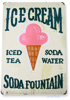 an ice cream sign is shown on a white background, with the words soda fountain written below it