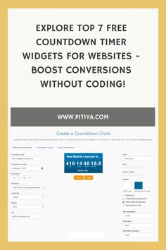 Yellow and black promotional poster for "Countdown Timer Widgets for Websites" with a headline, subtext detailing the offer of seven free widgets, and a background image of a web interface showing customization options. Website Launch, Sharing Time