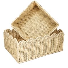 an empty wicker basket with two compartments on the bottom and one in the middle