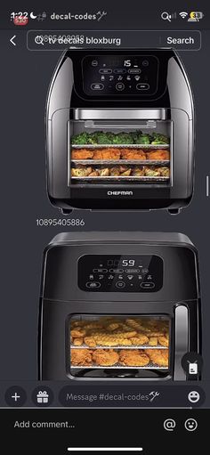 two toasters with food cooking inside of them on the same page, one is open and the other has an appliance