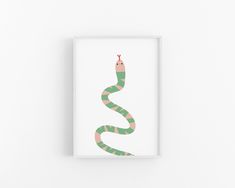 a green and pink striped snake on a white background with the letter s in it's center