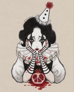 a drawing of a woman with a pomegranate on her face and wearing a party hat