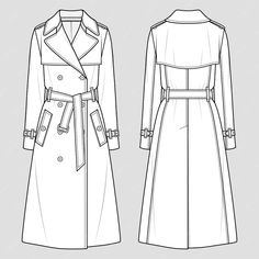 Trench Coat Art Reference, Coats Sketches, Trench Coat Flat Sketch, Trench Coat Illustration, Trench Coat Technical Drawing, Trenchcoat Drawing