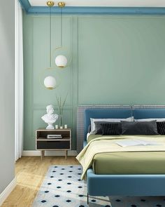 a bedroom with green walls and blue bedding in the corner, along with a white rug