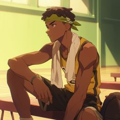 a young man sitting on top of a wooden bench next to a basketball court in anime style