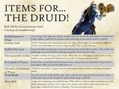 an image of a poster with the words items for the druid written below it