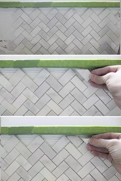 two pictures showing how to install a tile backsplash with green tape and white grout