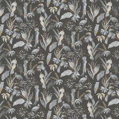 a wallpaper with birds and plants on it's side, in grey tones