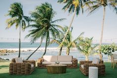 an outdoor seating area with palm trees and the ocean in the background