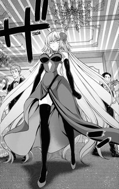 an anime character with long white hair and blue eyes standing in front of a group of people