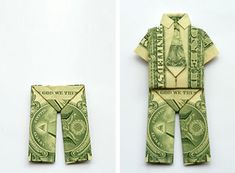 an origami shirt and pants made out of money