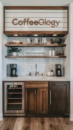 a coffee shop with wooden cabinets and shelves