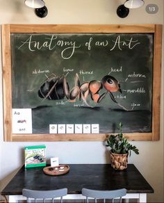 a chalkboard with an antelope on it in the corner of a dining room