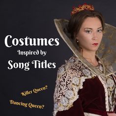 a woman wearing a red dress and hat with the words costumes inspired by song titles