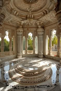 the inside of a building with many pillars and arches on it's sides, in front of a circular window