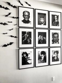 black and white photograph of halloween decorations on the wall