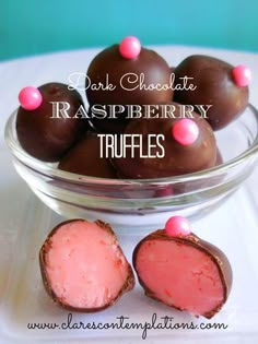 chocolate raspberry truffles in a glass bowl