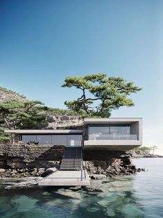 a house on the water with stairs leading up to it and a tree growing out of the roof