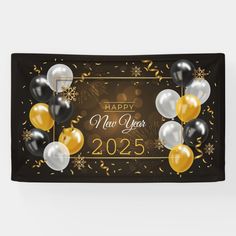 a happy new year banner with balloons and confetti in gold, silver and black colors